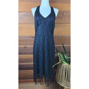 Vtg 90s Y2K Hourglass Babydoll Halter Dress L Crotchet Fringe Whimsigoth Fairy